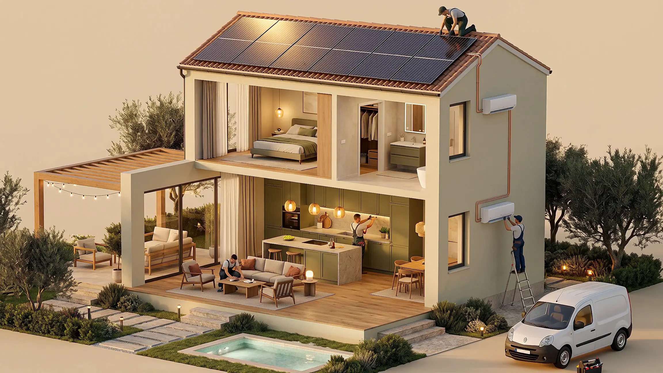 The same house finished and warm at dusk: solar on the roof, AC on the wall, kitchen lit, furniture in place, the crew's van in the drive.
