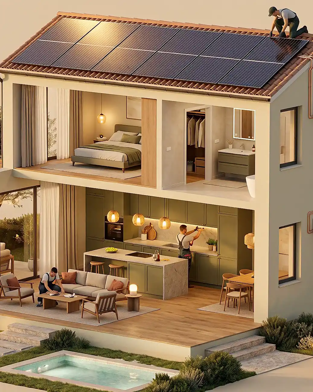 The same house finished and warm at dusk: solar on the roof, AC on the wall, kitchen lit, furniture in place, the crew's van in the drive.